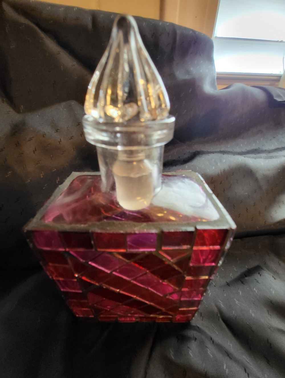 Faceted 5.5 x 3 In. Glass Perfume Bottle with Pink Mosaic Panels With Stopper - Picture 9 of 12